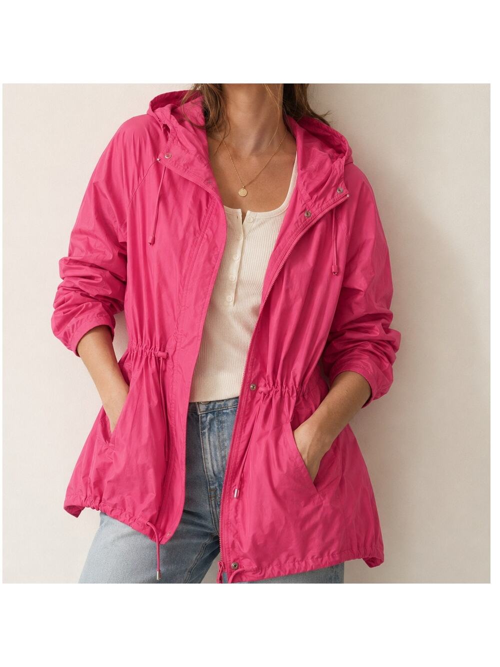 Vintage y2K Pink Hooded Windbreaker Jacket Nylon Rain Barbiecore-Medium